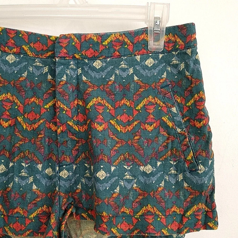 Free People Shorts Women 4 Teal Orange Geometric Ikat Linen Blend High Rise 1in